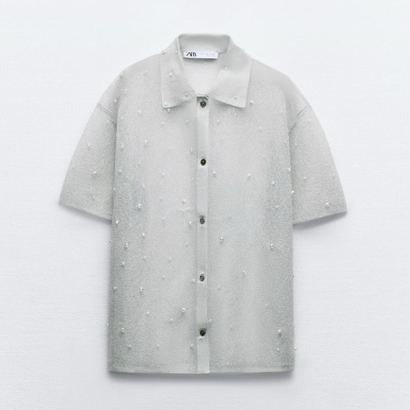 ZARA PEARL TRIM SEMI SHEER KNIT SHIRT S-M BNWT - Picture 3 of 10
